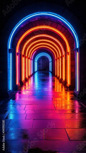 Futuristic Neon Corridor with Glowing Arches and Reflective Tiles