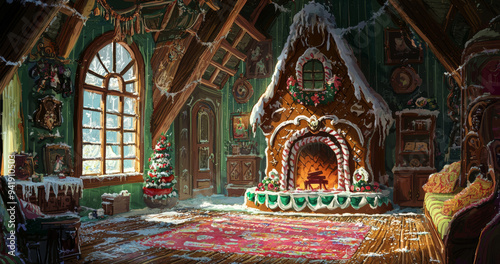 Whimsical Concept art of the inside of a Fantasy gingerbread house