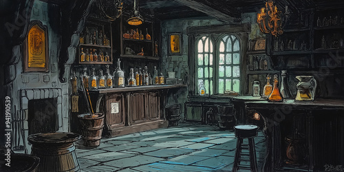Digital Concept Art Vintage Sketch of a Medieval Fantasy Apothecary Shop