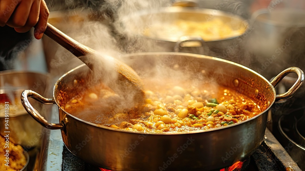 Stirring hot curry in a pot, with steam and rich spices filling the air, traditional kitchen setup - Stirring hot curry in a pot, with steam and rich spices filling the air, traditional kitchen setup -