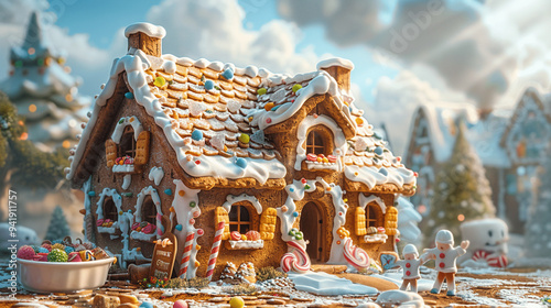 A gingerbread house with festive decor, surrounded by snowy trees and sugar men, creating a Christmas fairy tale atmosphere in a winter landscape.