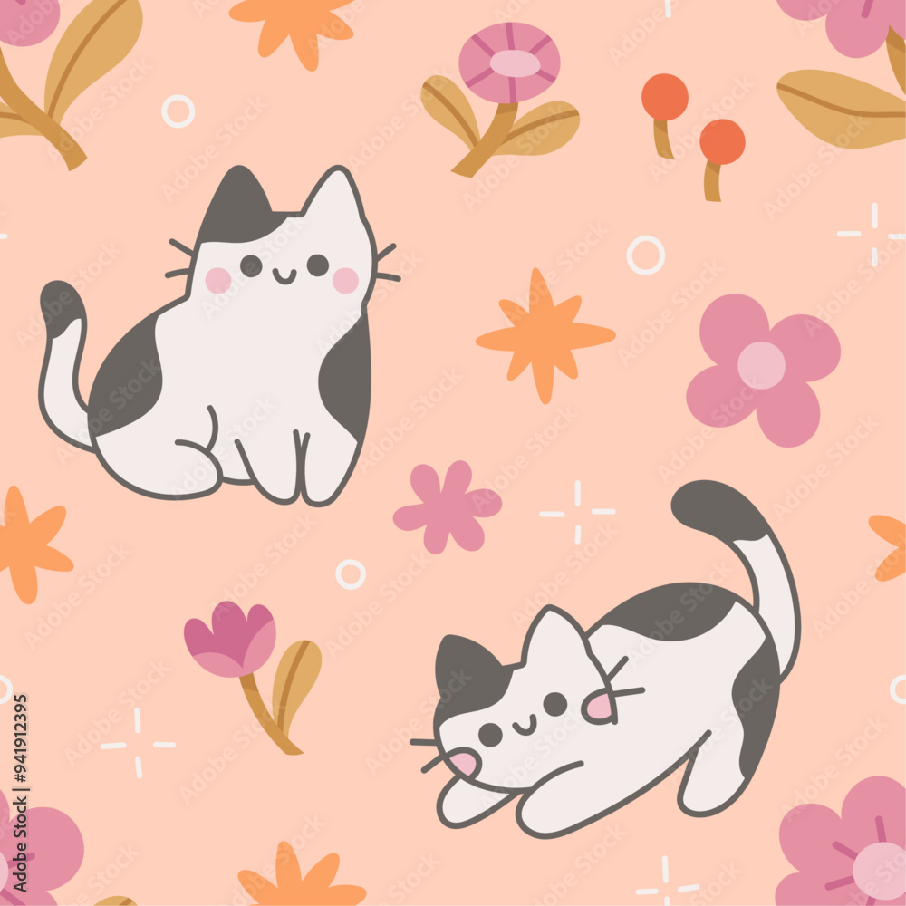 Vector seamless pattern with cute cats and botanical elements. Hand drawn illustration with cartoon style for print, fabric, textile. Vector seamless pattern with cute cats and botanical elements. Hand drawn illustration with cartoon style for print, fabric, textile.