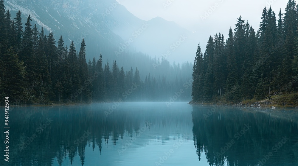 Fototapeta premium Tranquil blue mountain lake surrounded by trees, with mist rising in the early morning -