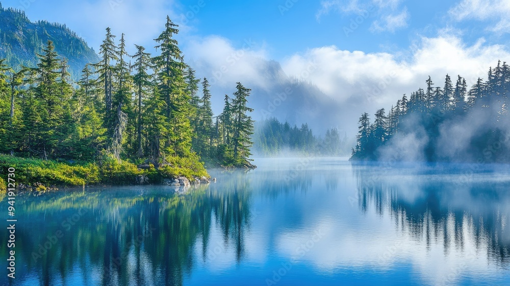 Tranquil blue mountain lake surrounded by trees, with mist rising in the early morning - Tranquil blue mountain lake surrounded by trees, with mist rising in the early morning -