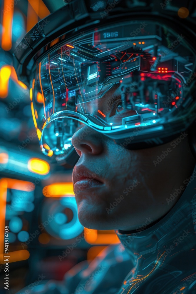 Close-up of a person wearing a futuristic VR headset, immersed in a neon-lit virtual reality environment with advanced technology. Close-up of a person wearing a futuristic VR headset, immersed in a neon-lit virtual reality environment with advanced technology.