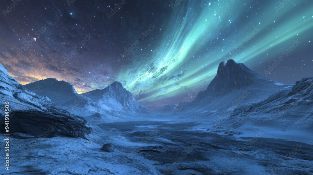 A panoramic view of the Southern Lights over a remote, icy wilderness, with the aurora creating a dramatic light show in the southern sky. A panoramic view of the Southern Lights over a remote, icy wilderness, with the aurora creating a dramatic light show in the southern sky.