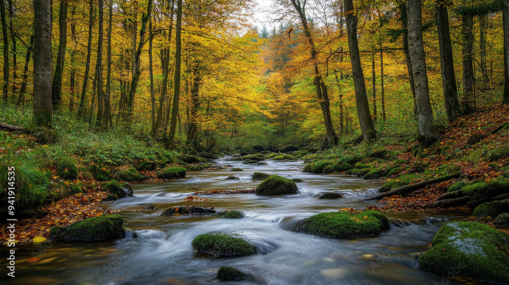 Serene Autumn River Flowing Through a Lush Forest Serene Autumn River Flowing Through a Lush Forest