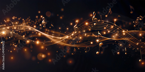 Harmonic scale, musical notes soar in the air filled with colour, light and sound. It is ideal for music concert posters, shows, reviews, concerts and performances. Background, wallpaper, card, banner photo