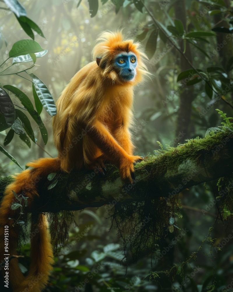 a Rhinopithecus monkey sitting on a moss-covered tree branch in a dense forest a Rhinopithecus monkey sitting on a moss-covered tree branch in a dense forest