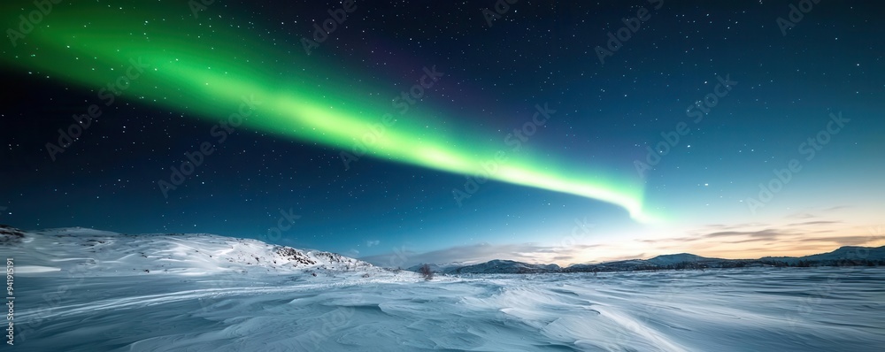 An aurora borealis glowing in vibrant greens and purples above a snowy landscape, photorealistic, hyper-resolution, stunning meteorological phenomenon An aurora borealis glowing in vibrant greens and purples above a snowy landscape, photorealistic, hyper-resolution, stunning meteorological phenomenon
