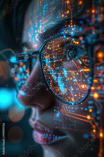 Close-up of a person's face with glasses reflecting a digital interface. Concept of technology, innovation, and artificial intelligence. photo