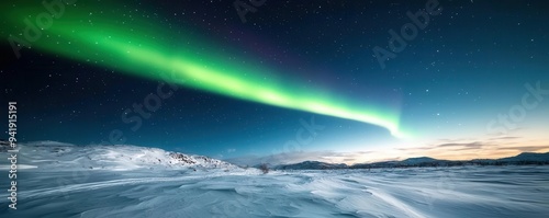 An aurora borealis glowing in vibrant greens and purples above a snowy landscape, photorealistic, hyper-resolution, stunning meteorological phenomenon