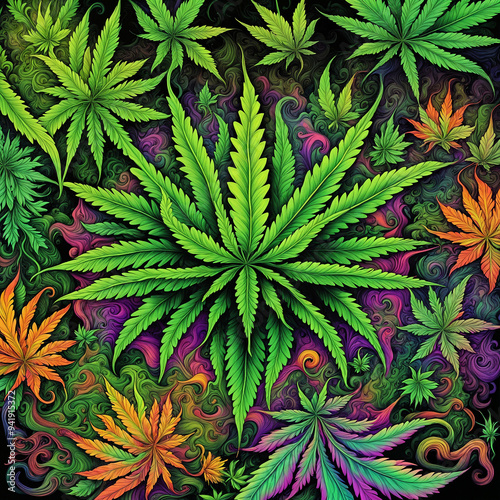 Cannabis Leaf. Vibrant illustration of a cannabis leaf in a hippie-inspired style with bold, psychedelic colors. Square format.