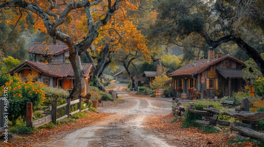 A tranquil autumn afternoon stroll through a quaint village lined with vibrant trees and rustic cottages. Generative AI A tranquil autumn afternoon stroll through a quaint village lined with vibrant trees and rustic cottages. Generative AI