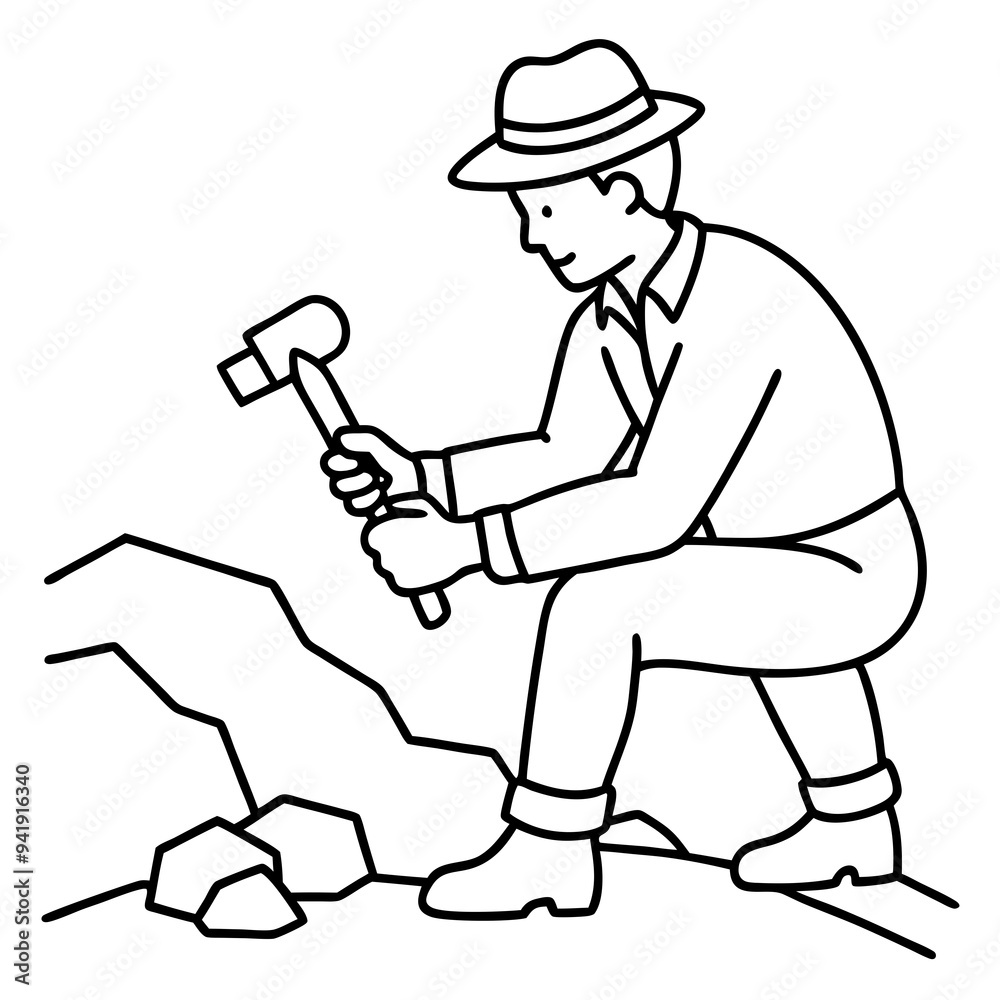 Geologist at Work Rock Examination with Hammer Geologist at Work Rock Examination with Hammer