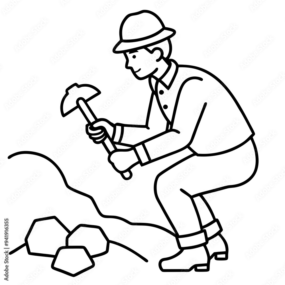 Geologist at Work Rock Examination with Hammer Geologist at Work Rock Examination with Hammer