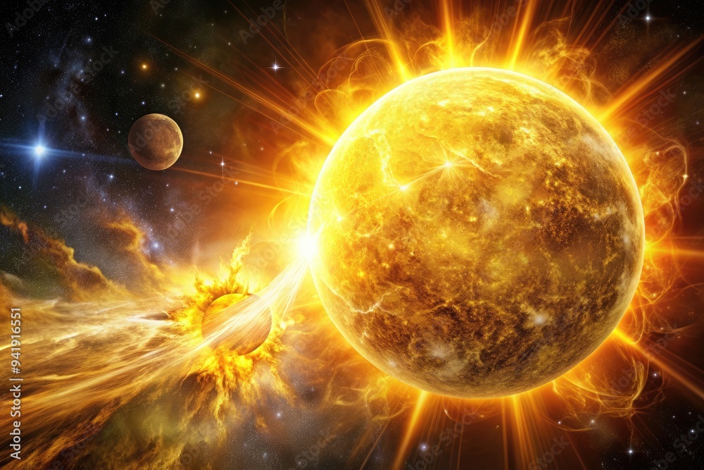 Obraz premium Solarian Eruption: Solar sphere emitting blinding energy, explosive solar flares, gold and yellow hues, celestial phenomenon.