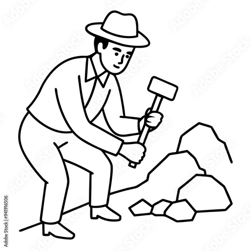 Geologist at Work Rock Examination with Hammer