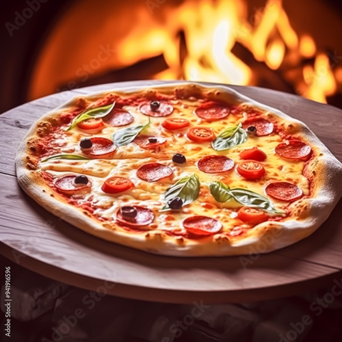 Pizza capricciosa homemade with fire in the oven, online delivery from pizzeria, take away and italian fast food, post-processed, generative ai photo