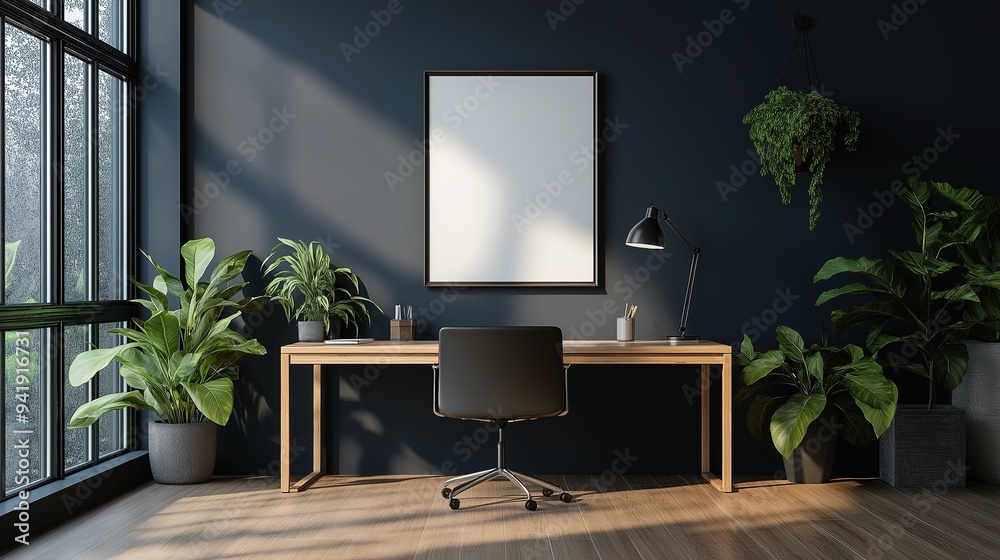 Mockup Poster Frame in a Modern Home Office Interior, Showcasing a Stylish Workspace Design with a Focus on Productivity and Creativity, Perfect for Remote Work and Professional Development in a Conte Mockup Poster Frame in a Modern Home Office Interior, Showcasing a Stylish Workspace Design with a Focus on Productivity and Creativity, Perfect for Remote Work and Professional Development in a Conte