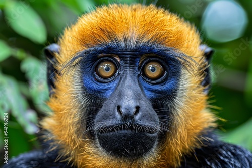 a Rhinopithecus monkey, its blue face framed by its thick golden fur, looking directly at the camera with curious eyes