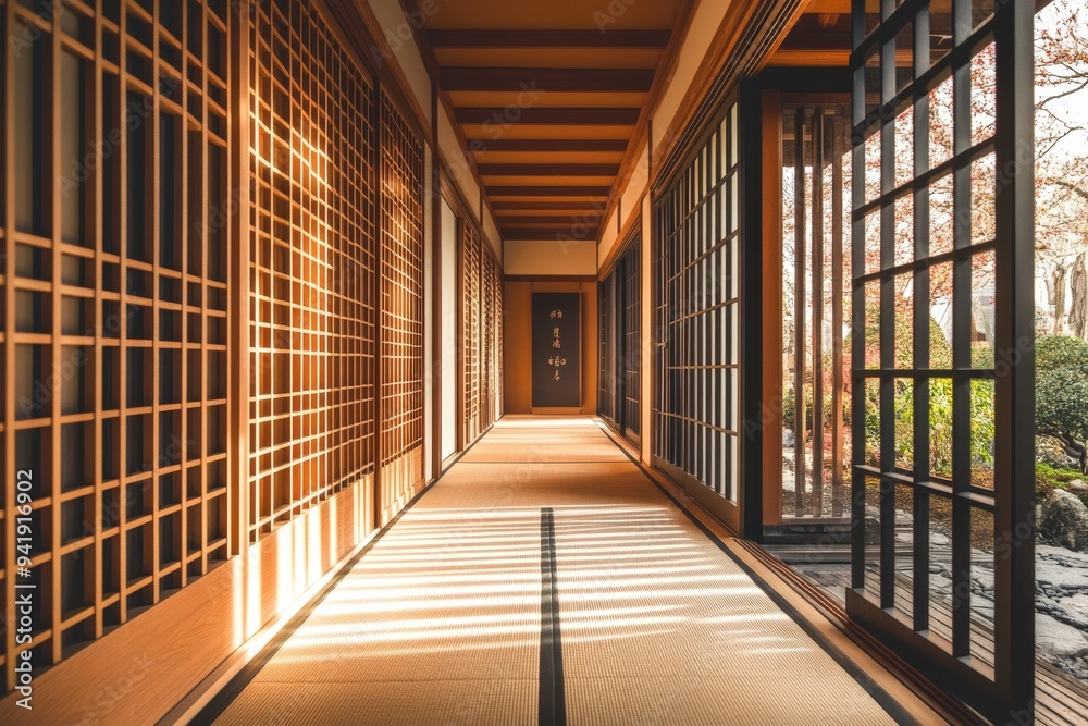A long hallway with wooden doors and windows. A long hallway with wooden doors and windows.
