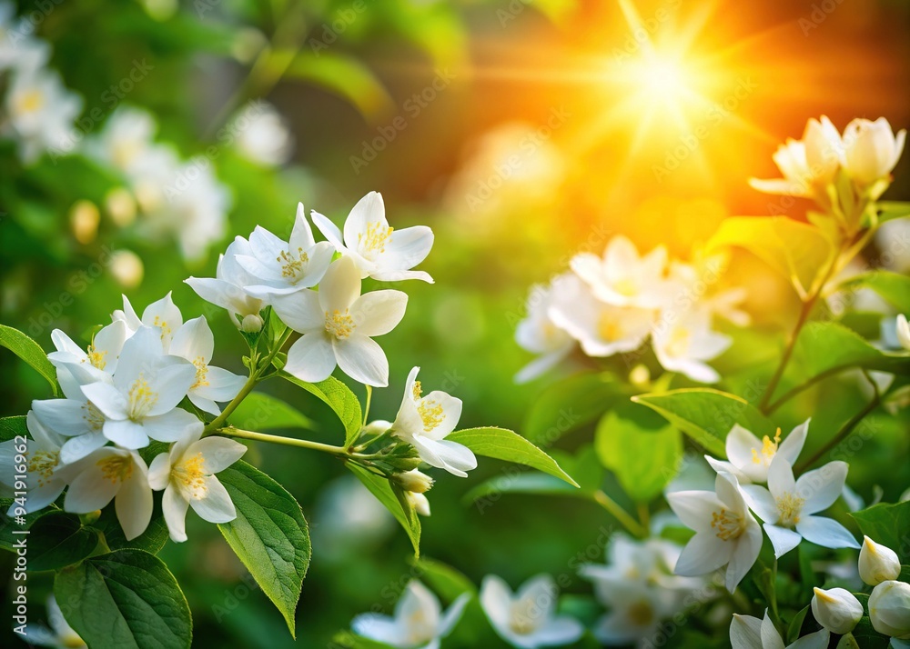 Fototapeta premium Delicate white jasmine flowers unfold amidst lush green foliage, filling the air with sweet fragrance as morning sunlight filters through, casting a serene ambiance.