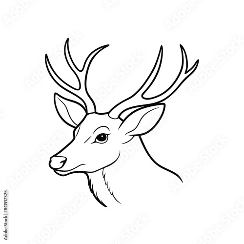 Single line art vector of a deer head in side view with a white background, minimalist and elegant.