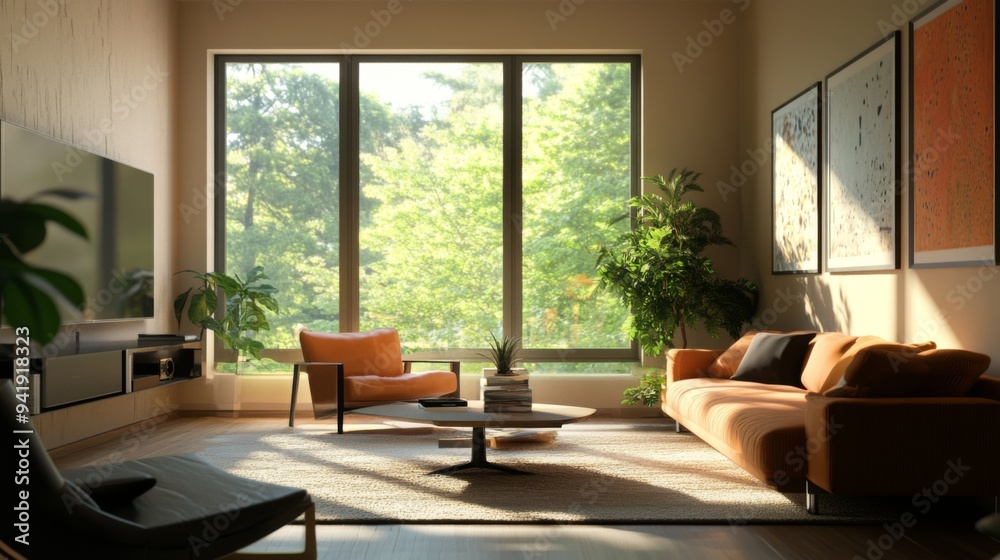 A stylish living room with a large window letting in natural light, featuring contemporary furniture and a warm color palette. A stylish living room with a large window letting in natural light, featuring contemporary furniture and a warm color palette.