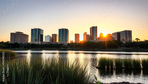 Office buildings in Phoenix, viewed from across the lagoon in Encanto Park, glow gold in the rays of the setting sun isolated with white highlights, png