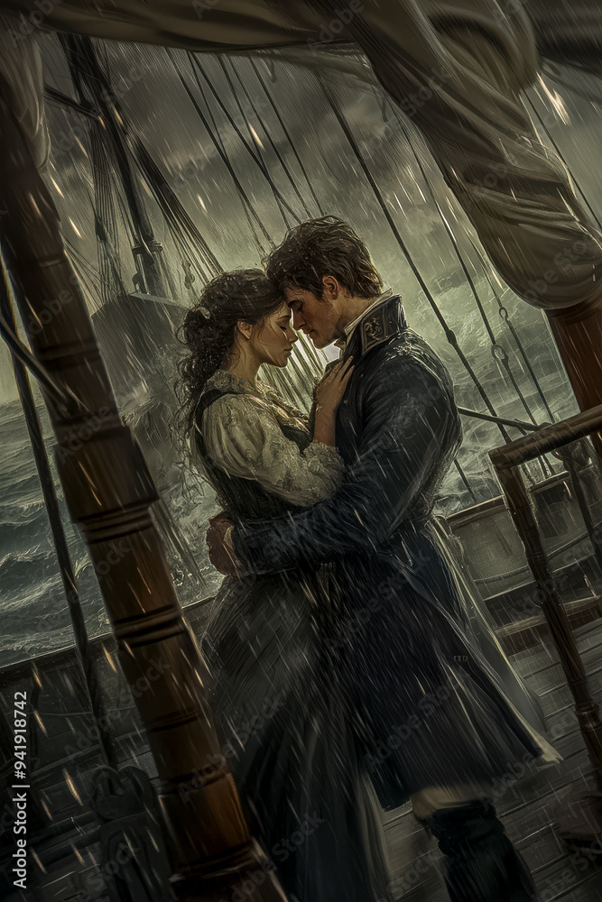 Romance Novel Cover template, a young couple in a embrace, on a ship during a storm in the 1800s Romance Novel Cover template, a young couple in a embrace, on a ship during a storm in the 1800s
