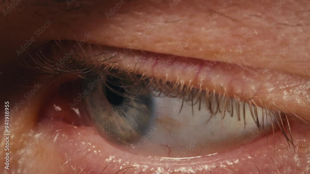 Man eye macro, Detailed closeup macro a human blue eye showcases its intricate characteristics. Ophthalmology clinic, vision.