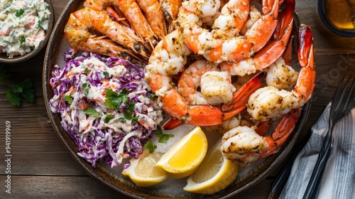 A top-down shot of a Western-style seafood platter with grilled shrimp, crab legs, and a side of coleslaw, arranged attractively on a serving dish.