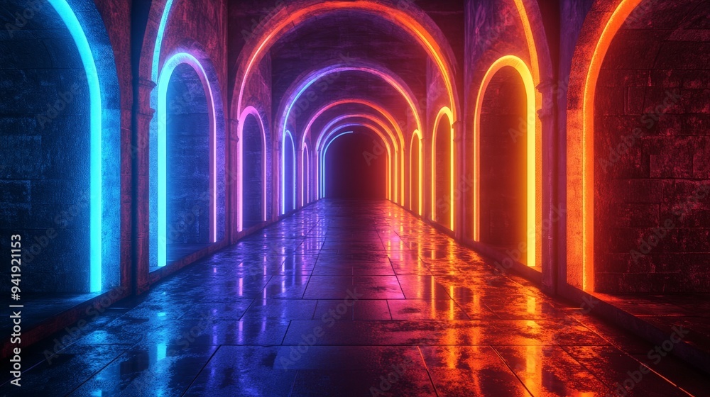 Futuristic Neon Corridor with Glowing Arches and Reflective Tiles Futuristic Neon Corridor with Glowing Arches and Reflective Tiles