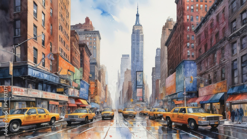 Watercolor illustration of a rainy day in New York City Yellow Taxi cabs.