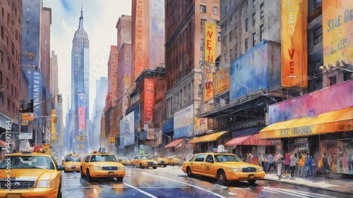 Watercolor illustration of a rainy day in New York City Yellow Taxi cabs.