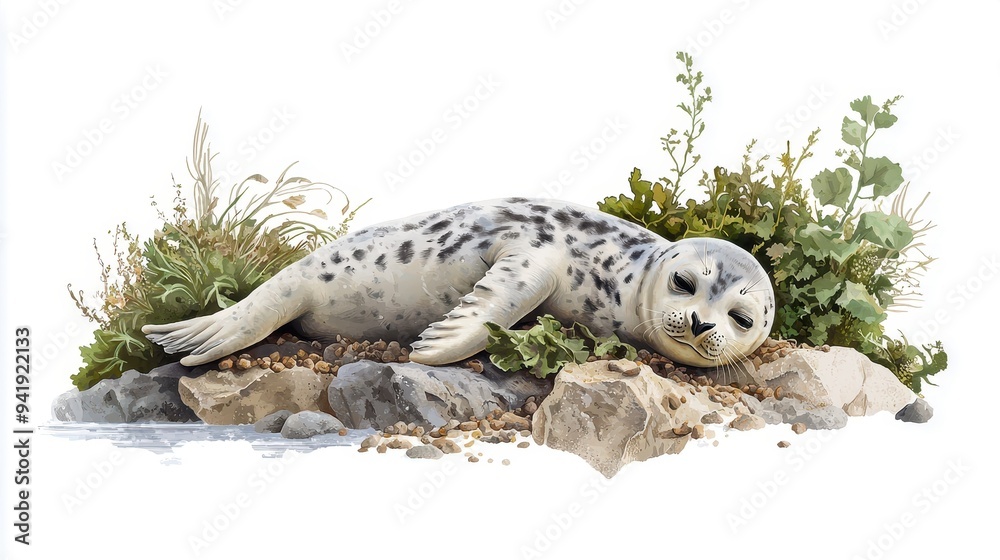 Obraz premium A serene seal rests among rocks and greenery, showcasing the beauty of marine life in a tranquil coastal setting.