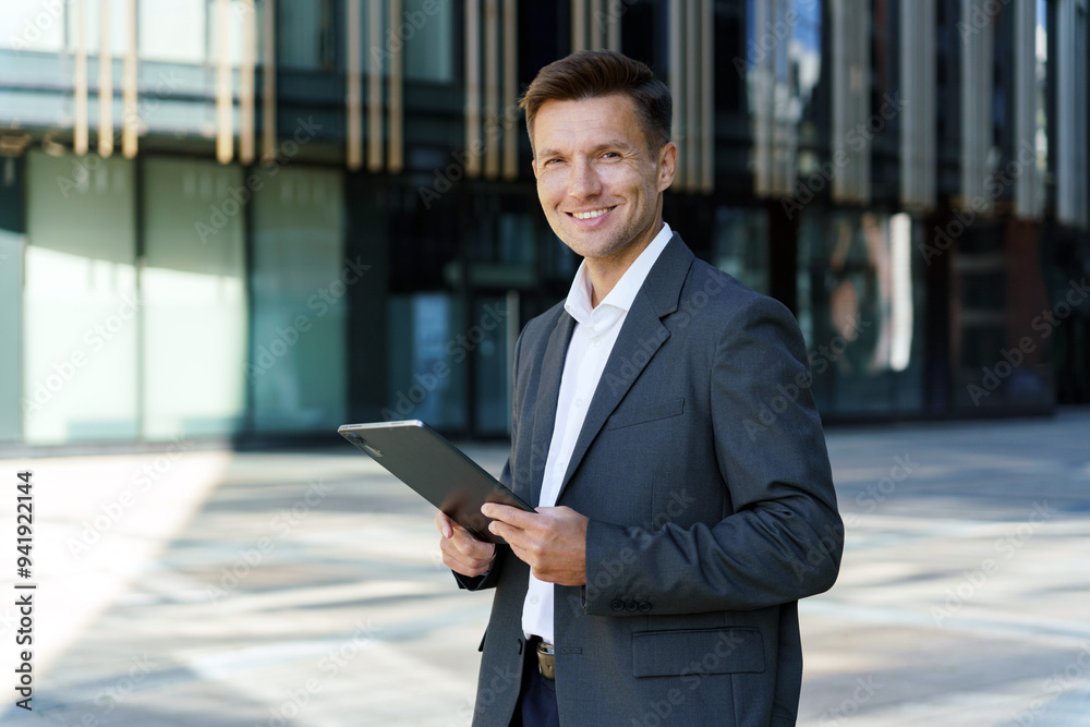 A confident businessman smiling while holding a tablet in front of a modern office building. A confident businessman smiling while holding a tablet in front of a modern office building.