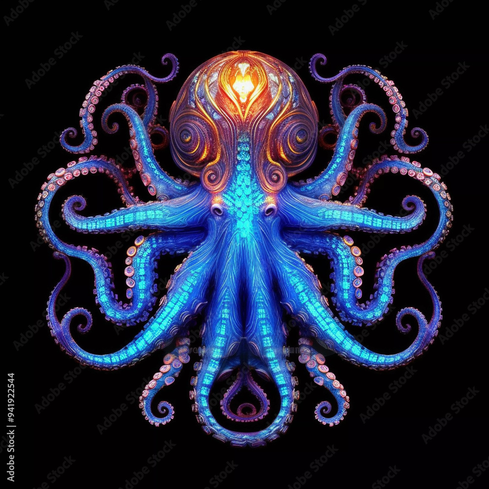Obraz premium Cthulhu. Luminescent ornate octopus isolated on a black background