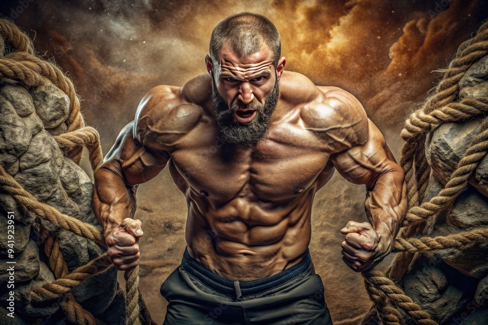 Strength and Struggle: Muscular exertion, determined faces, earthy tones, rugged textures