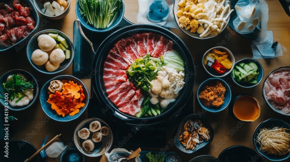 A top-down view of a shabu-shabu table with multiple bowls of raw ingredients including sliced meat, vegetables, and mushrooms, ready to be cooked in a shared hot pot. A top-down view of a shabu-shabu table with multiple bowls of raw ingredients including sliced meat, vegetables, and mushrooms, ready to be cooked in a shared hot pot.