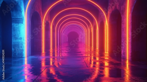 Futuristic Neon Corridor with Glowing Arches and Reflective Tiles