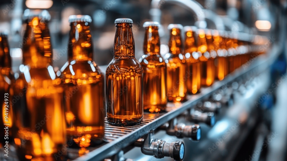 Workers bottle fresh beer in a bustling glass bottle factory environment Workers bottle fresh beer in a bustling glass bottle factory environment