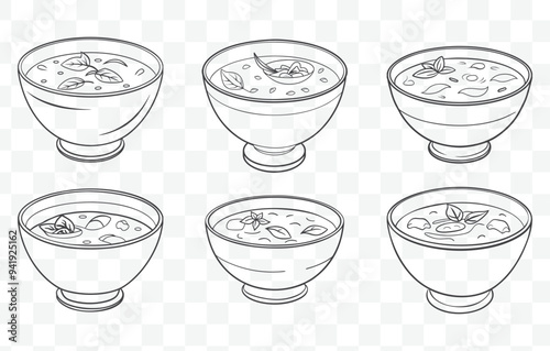 Print Tom Kha Gai Soup Line Art Vector Set of Traditional Thai Coconut Soup with Chicken and Aromatic Herbs