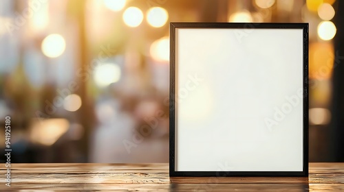 Frame concept mockup on wooden table with blurred background,