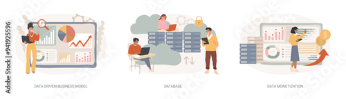 Data business strategy isolated concept vector illustration set.