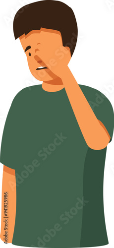 Young man is covering his face with his hand, feeling ashamed and embarrassed