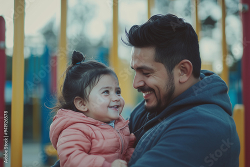 smiling hispanic father with his daughter happy toddler wearing pink coat large smile, complicity, on a playground closeup shot of latino american family looking to each other happiness cheerful fall