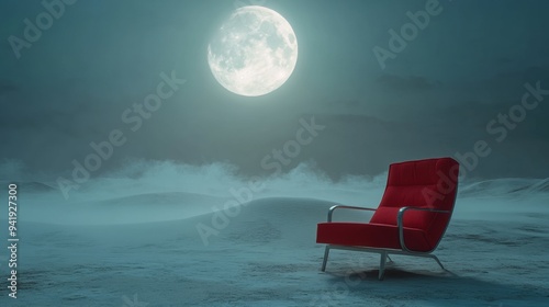 A red chair is sitting in the middle of a desert at night