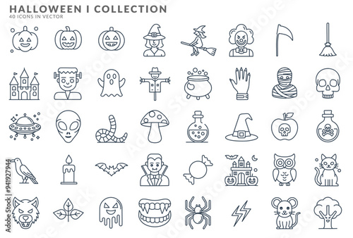 Halloween icon set monsters witches werewolves bats pumpkins broom owl and others. See more on our profile